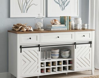 Farmhouse Buffet Cabinet, White Rustic Sideboard, Sliding Barn Door, Wine Rack Storage