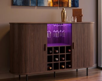 Walnut Farmhouse Bar Cabinet with LED Lighting, Wine Rack, Glass Holder, Storage Buffet