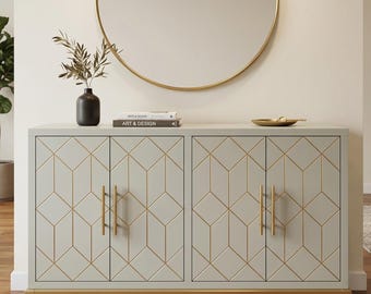 Modern White Accent Cabinet, Gold Trim Sideboard Buffet, 4 Door Storage Furniture