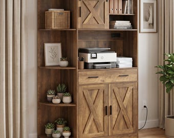 Farmhouse Pantry Cabinet, Sliding Barn Doors, Microwave Stand, Built-in Power Outlet