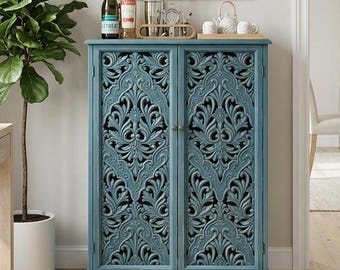 Navy Blue Mandala Carved Accent Cabinet, Boho Farmhouse Sideboard Buffet