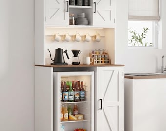Unikito White Coffee Bar Station with Mini Fridge Storage, LED Light, Outlet