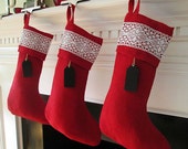 Set of 3 - Red Burlap Christmas Stockings, Burlap Christmas Stocking, Shabby Chic Burlap Christmas Stocking, Burlap Stocking
