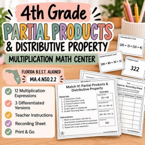 Può includere: Set didattico di matematica per la quarta classe sui prodotti parziali e la proprietà distributiva. Include fogli di istruzioni stampati, schede di registrazione e piccole carte con espressioni matematiche e risultati.