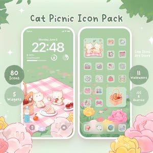 May include: A digital art design for a phone screen, featuring a picnic theme with two cartoon cats. The screen displays icons, widgets, and wallpapers. The text "Cat Picnic Icon Pack" is at the top, with the artist's name and store name visible.
