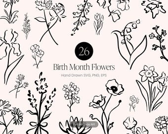 Birth Month Flower SVG Bundle – 26 Hand Drawn Botanical Line Art Clipart, Transparent PNG & Vector Floral Outline Set