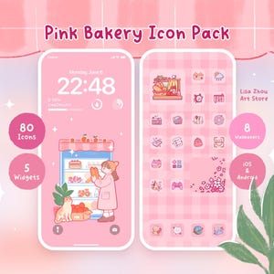 Può includere: Un pacchetto di arte digitale rosa a tema panetteria, con 80 icone, 5 widget e 8 sfondi. Il design include una scena di panetteria con una persona e un gatto, e il testo "Pink Bakery Icon Pack". Compatibile con iOS e Android.