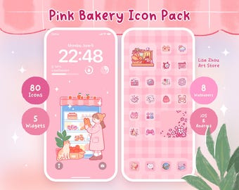 Paquete de iconos de panadería rosa lindo / Tema estético para teléfonos iOS y Android / Conjunto de iconos de aplicaciones de gato pastel kawaii / Fondo de pantalla para iPad, iPhone, computadora de escritorio y tableta