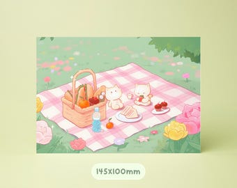 Katzen Picknick Kleiner Kunstdruck - Niedliche Pastell Illustration, Kawaii Katzen auf Picknickdecke Postkarte, zauberhaftes Geschenk für ein gemütliches Zuhause oder als Geschenk