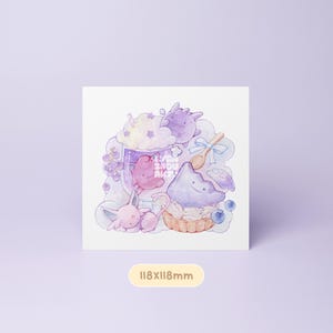 May include: A square print featuring a watercolor illustration of a purple drink, a tart, and several cartoon characters. The print measures 4.6 x 4.6 inches. The print has the text "Fresh Zhou Art".
