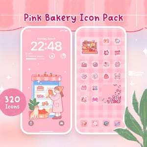 Cute Pink Bakery Icon Pack | Aesthetic iOS & Android phone theme | Pastel kawaii Cat App icons set | iPad iPhone Desktop Tablet wallpaper