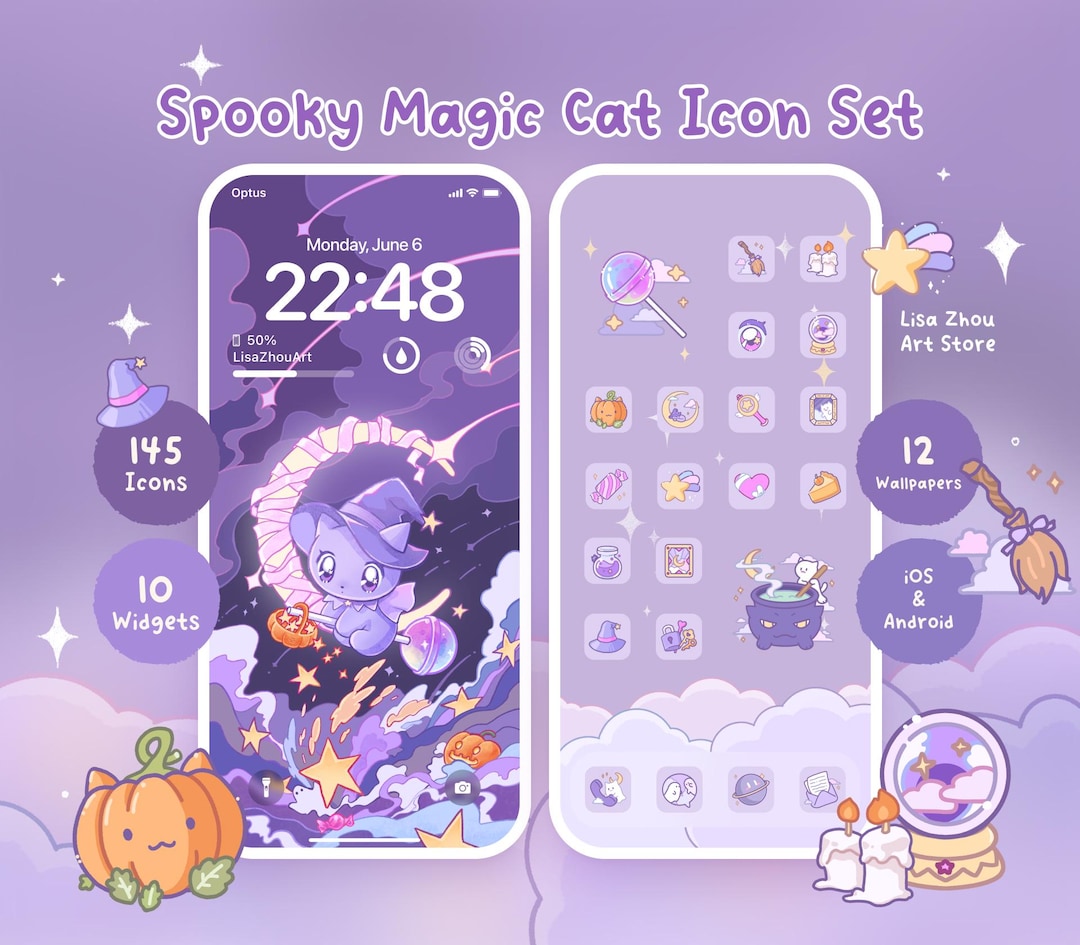 Spooky Magic Cat Icon Pack | Cute Halloween Phone Theme Ios Android