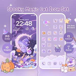 Op de afbeelding: Een digitaal kunstontwerp voor een telefoon, met een paars thema met een kat met een heksenhoed, pompoenen, sterren en de tekst "Spooky Magic Cat Icon Set". Bevat 145 pictogrammen, 10 widgets en 12 wallpapers voor iOS en Android.