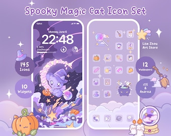 Pacote de ícones de gatos mágicos assustadores | Tema fofo de Halloween para celular iOS e Android | Estética Kawaii Sonhadora | Papel de parede roxo pastel para celular e iPad