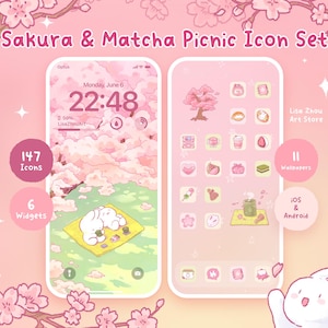 桜と抹茶のピクニックアプリアイコンパック かわいい春の美的テーマ | iOSとAndroid向けのかわいい日本のアイコンパステルウィジェットと壁紙