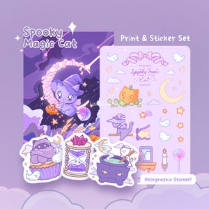 Puede incluir: Un conjunto de impresión y pegatinas con el tema "Spooky Magic Cat". El conjunto incluye una impresión con un gato con sombrero de bruja, una calabaza y otras pegatinas temáticas de Halloween. Las pegatinas son holográficas.