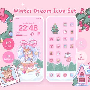 Op de afbeelding: Een roze digitale kunstontwerp met een winterthema. De afbeelding bevat een telefoonscherm met pictogrammen, een sneeuwbol met een hert en een roze huis. Tekst luidt "Winter Dream Icon Set", "147 Icons", "10 Widgets" en "12 Wallpapers".