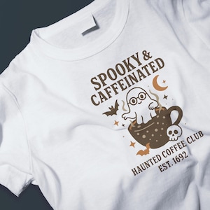 Digital Halloween Ghost Coffee T-Shirt Design – Spooky & Funny Fall Caffeine Digital Tee Graphic – Perfect Haunted Coffee Lover Printable