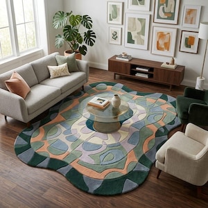 Alfombra abstracta de lana tejida a mano / Alfombra ondulada de forma irregular / Alfombra con estampado celular posmoderno / Decoración orgánica ecléctica para el hogar