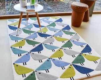 Scandinavian Bird Pattern Rug – Modern Geometric Birds Area Rug, Mid Century Style Soft Carpet