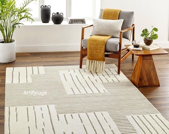 Handmade Wool Area Rug | Cream & Charcoal Abstract Line Design
