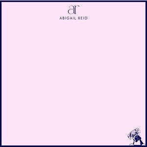 May include: A pink notepad with a navy blue border. The top of the notepad has the text "ar" above the words "ABIGAIL REID" in navy blue. A navy blue illustration of a dog is in the bottom right corner.