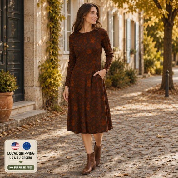 Rust Brown Autumn Dress with Leaf Print | Long Sleeve Midi Dress for Women