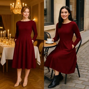 Weihnachtskleid Damen – Midilänge, Langärmelig, A-Linie, Mit Taschen, In S-XXL