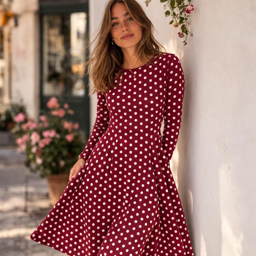 Burgundy Polka Dot Midi Dress - Long Sleeve, Side Pockets, Retro Chic Burgundy Polka Dot Midi Dress - Long Sleeve, Side Pockets, Retro Chic