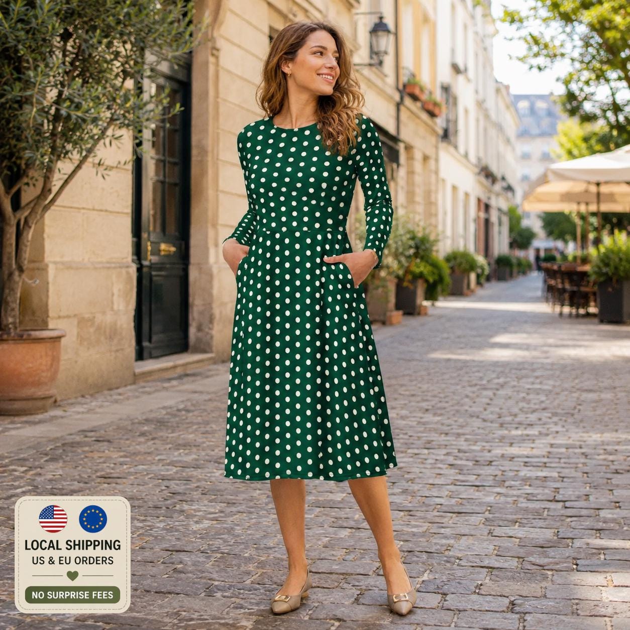 Green Polka Dot Midi Dress with Pockets – Retro Chic Long Sleeve Fit & Flare