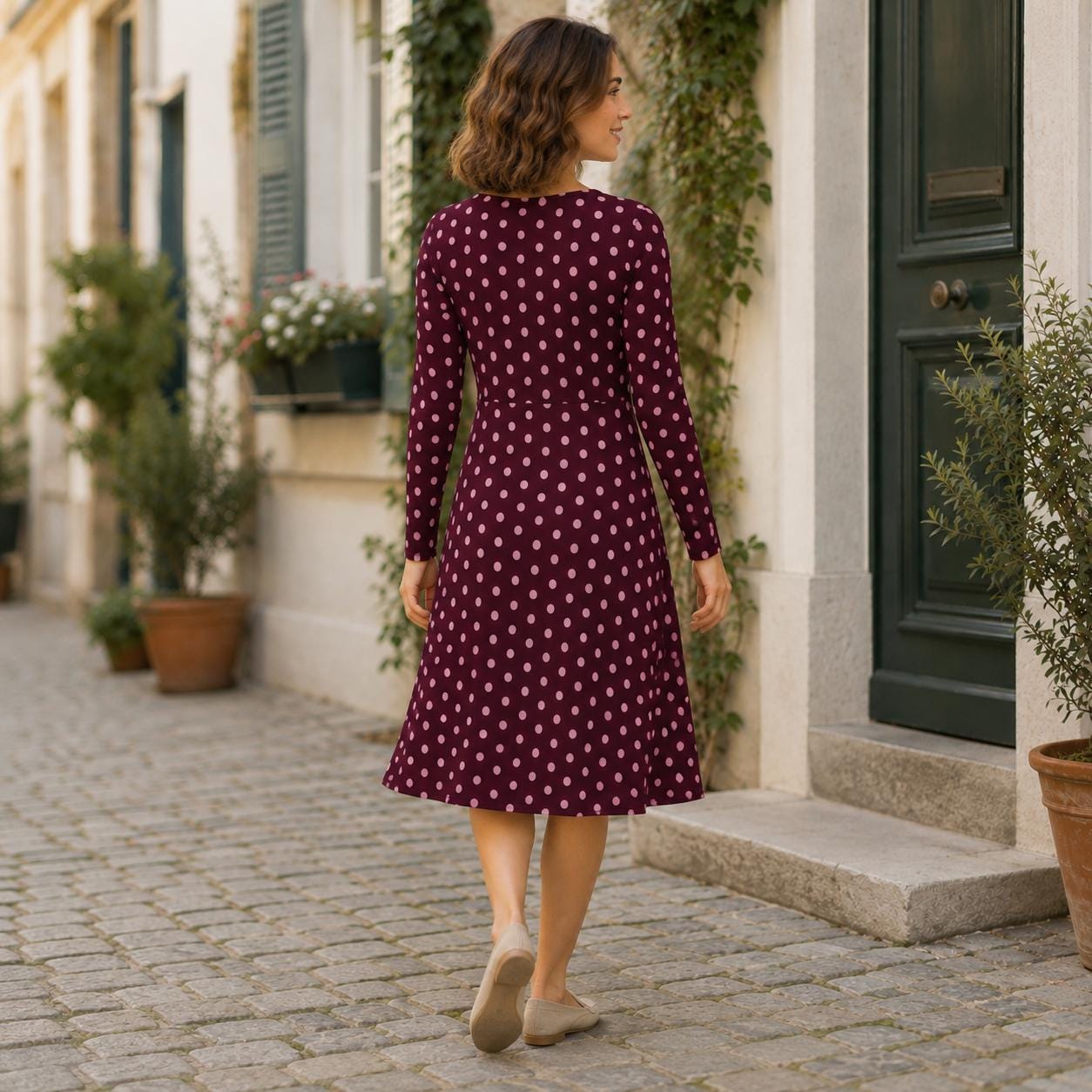 Plum Midi Dress With Soft Pink Polka Dots | Retro Fit & Flare Long Sleeve Dress | Feminine Vintage-inspired Style