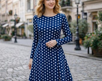 Blue Polka Dot Midi Dress with Long Sleeves and Pockets – Retro A-Line