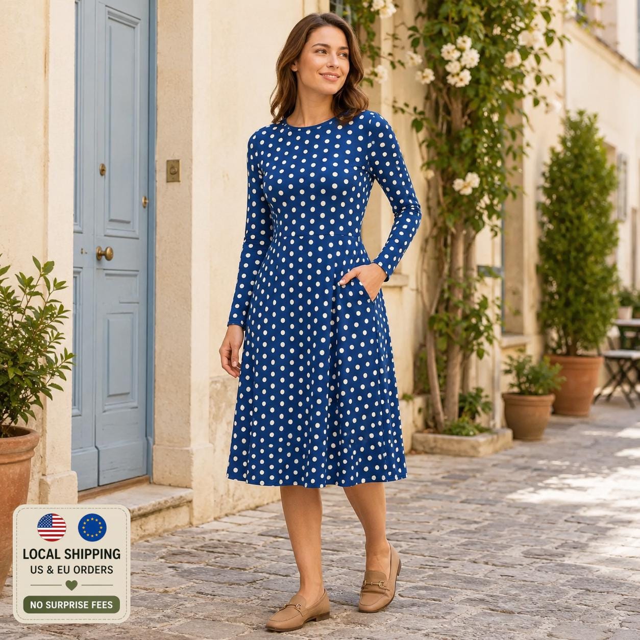 blue polka dot dress long sleeve Midi With Sleeves and Pockets – Retro A-line Style # available_online Abercrombie & Fitch off-shoulder Size:S(2yrs)