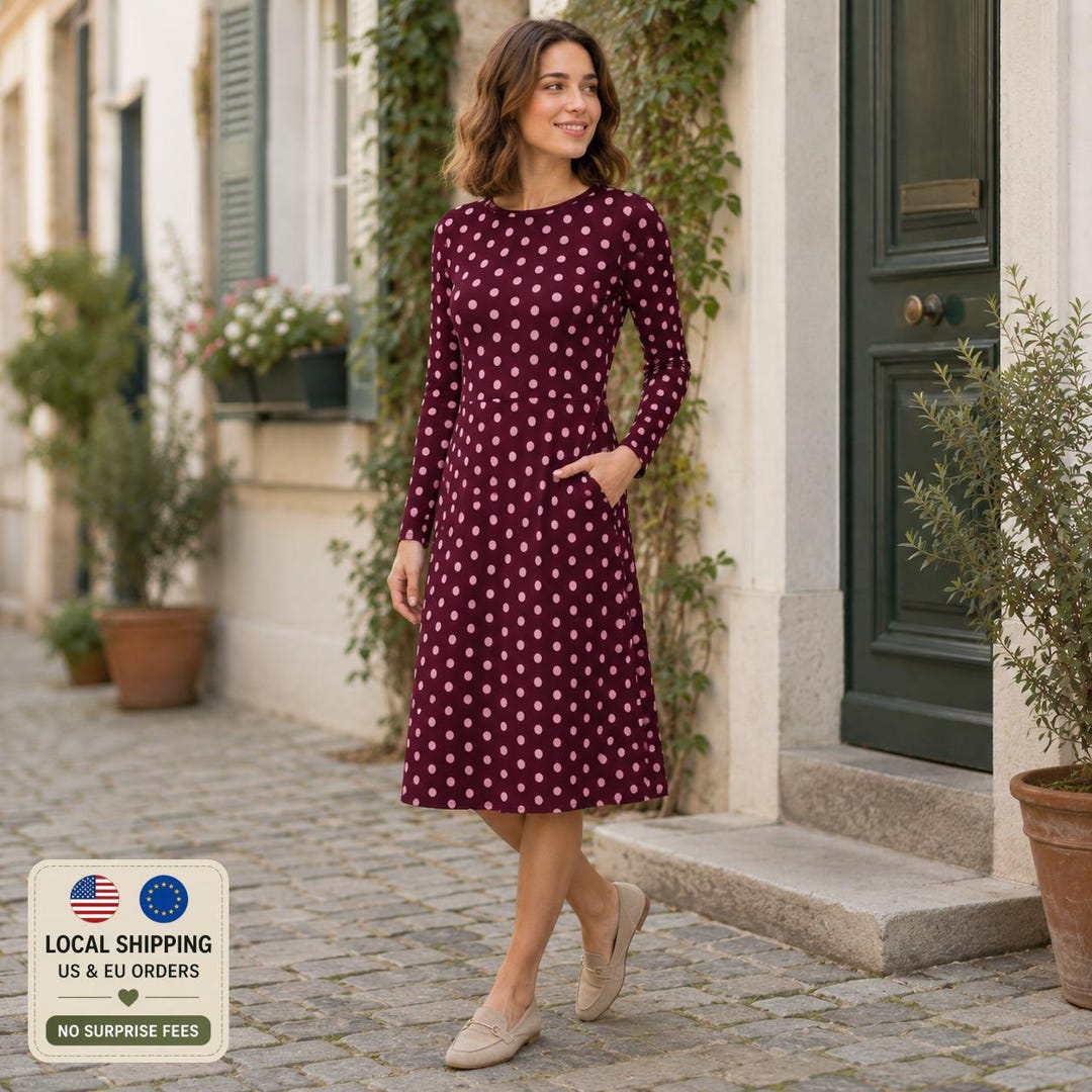burgundy polka dot midi dress Plum With Soft Pink Dots | Retro Fit & Flare Long Sleeve Dress | Feminine Vintage-inspired Style polka dot dress
