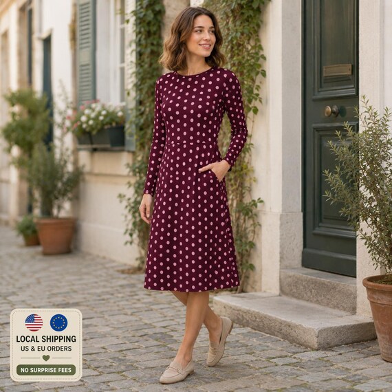 Plum Midi Dress With Soft Pink Polka Dots | Retro Fit & Flare Long Sleeve Dress | Feminine Vintage-inspired Style