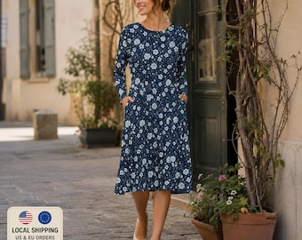 Midi Dress with Navy & Light Blue Floral Print | Elegant Floral Long Sleeve Dress with Pockets | Feminine Fit and Flare Style