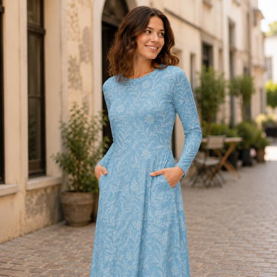 winter floral dresses for women Ice Blue Dress | Elegant Damask Midi Dress | Long Sleeve Warm Dress Waist Size:54 Save it for holiday Beige Floral Lace Strapless product_type: Dresses
