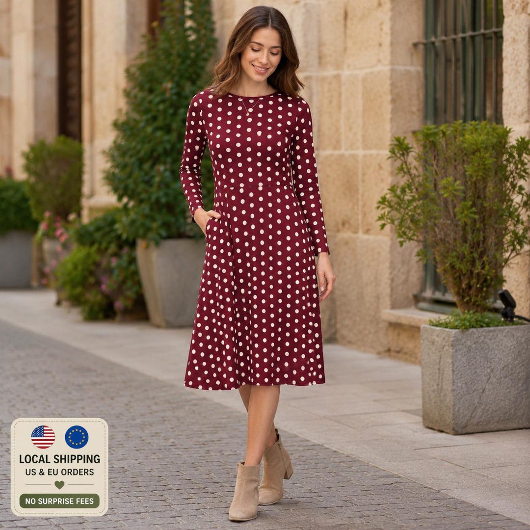 burgundy polka dot midi dress – Long Sleeve, Side Pockets, Retro Chic polka dot wrap dress Style-Fabric-Color:P00070110-WR-NVSHP Maxi dress trend_one-shoulder Frisée, Fennel & Pear