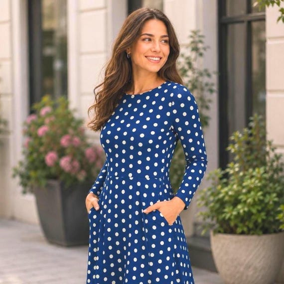 bright blue polka dot dress Midi With Long Sleeves and Pockets – Retro A-line Womens dresses