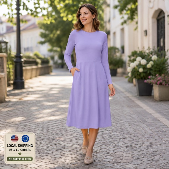 purple midi dress casual Lavender – Soft Lilac Long Sleeve Dress With Pockets – Elegant Pastel Dress Coastal Chic Men farfetch Belted dress summer and Spring Color:40fs1558