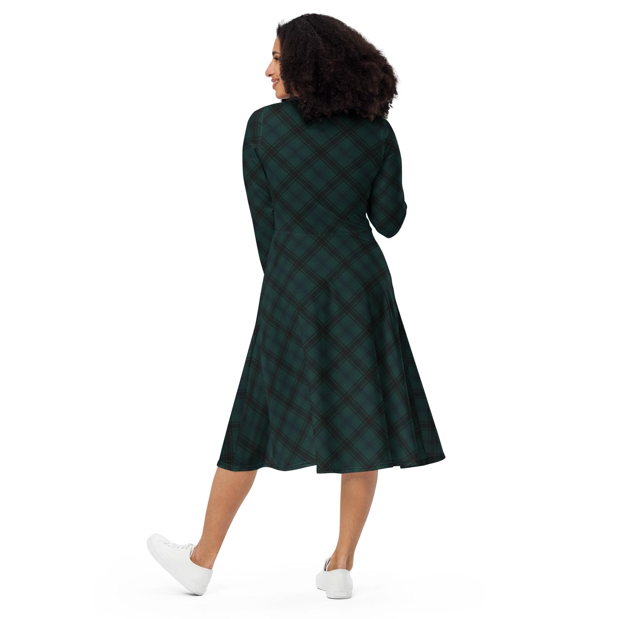 Midi Dress With Forest Green & Black Tartan Pattern | Classic Plaid Dress  With Pockets | Elegant Long Sleeve Fit and Flare Dress - Etsy