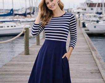 Nautical Print Anchor Dress With Pockets, Nauti A Line Midi Dress for  Cruise, Plus Size - Etsy