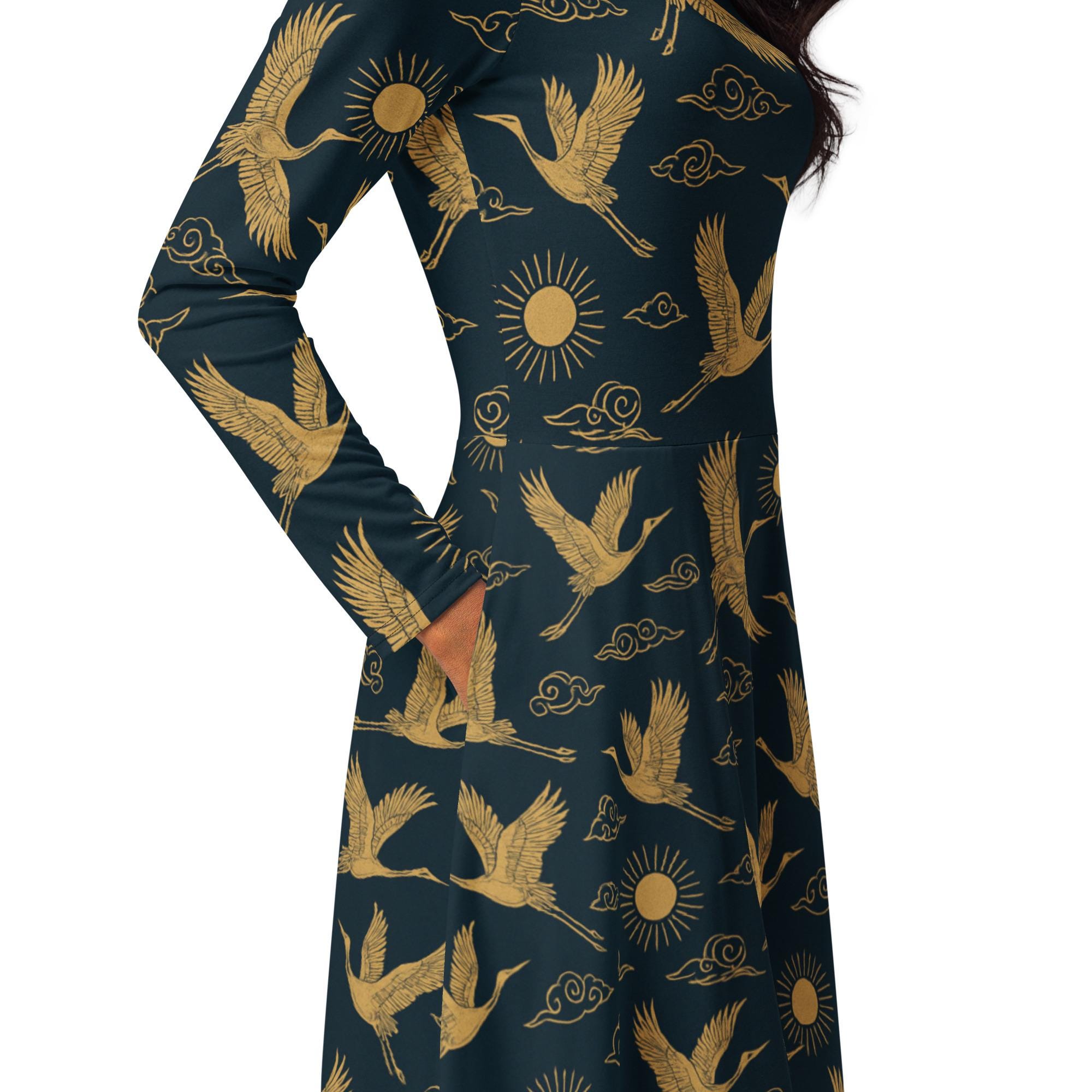 Elegant Crane Midi Dress – Golden Birds on Navy With Pockets & Long Sleeves
