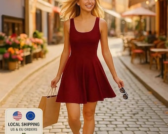 Robe patineuse bordeaux pour femme | Robe d'été sans manches | Mini-robe rouge vin élégante et décontractée | Robe ajustée et évasée pour les fêtes et le quotidien