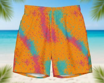 Pantaloncini da bagno colorati da uomo, arancioni, rosa, turchesi | Pantaloncini estivi con motivo a schizzi | Pantaloncini da bagno ad asciugatura rapida con tasche e fodera