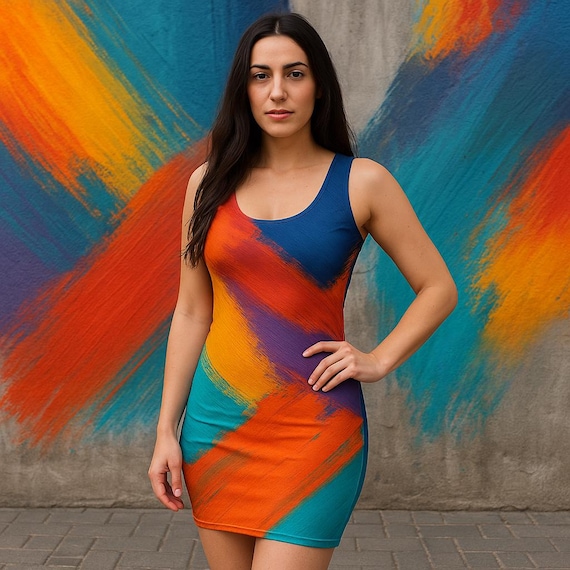 Bodycon Dress with Colorful Brushstroke Print - Abstract & Bold