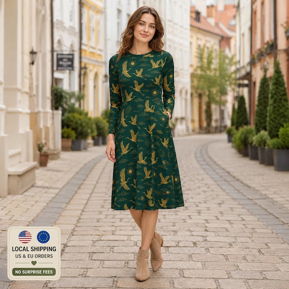 green and gold midi dress Crane | Asian Inspired Midi Dress | Elegant Crane Print Dress Alise