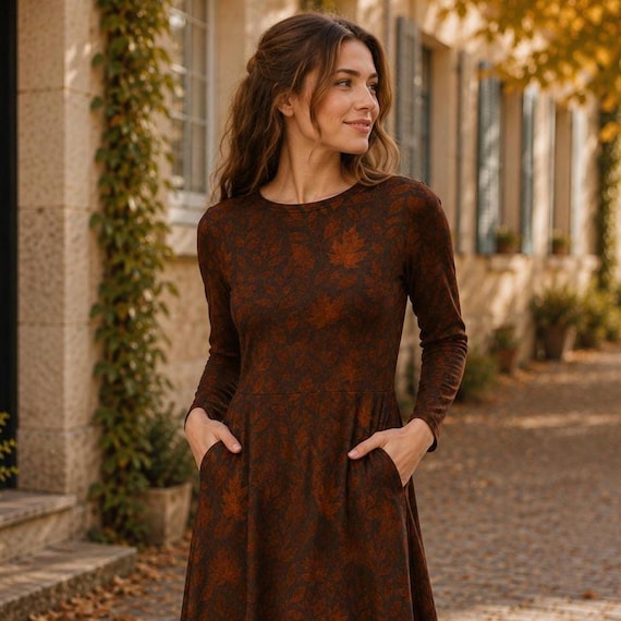 Rust Brown Autumn Dress with Leaf Print | Long Sleeve Midi Dress for Women