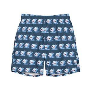 May include: Blue swim trunks with a repeating pattern of cartoon ice cubes with smiling faces. The ice cubes are light blue with pink accents and are set against a dark blue background. The shorts have a drawstring waist.