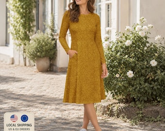Golden Floral Midi Dress | Elegant Long Sleeve Fit & Flare Dress | Baroque Inspired Design for Special Occasions